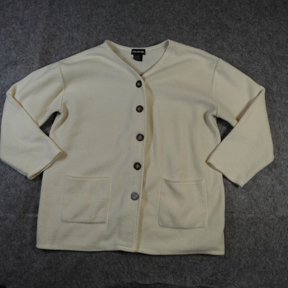Halston Sweater Womens Medium Fleece Cardigan Button Front Pockets Off-White